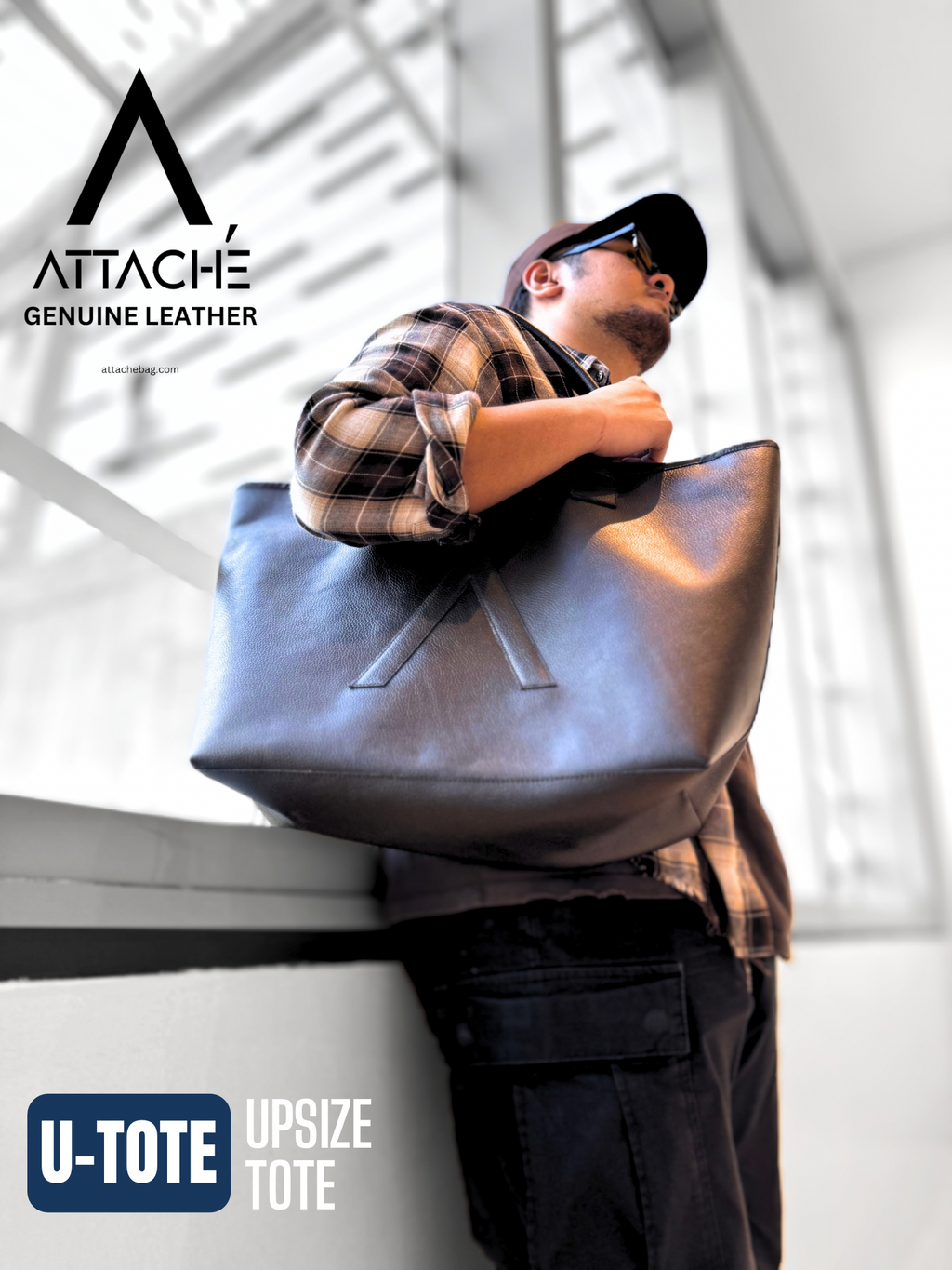 U-TOTE Full Grain Calf Leather Upsize Tote in Black