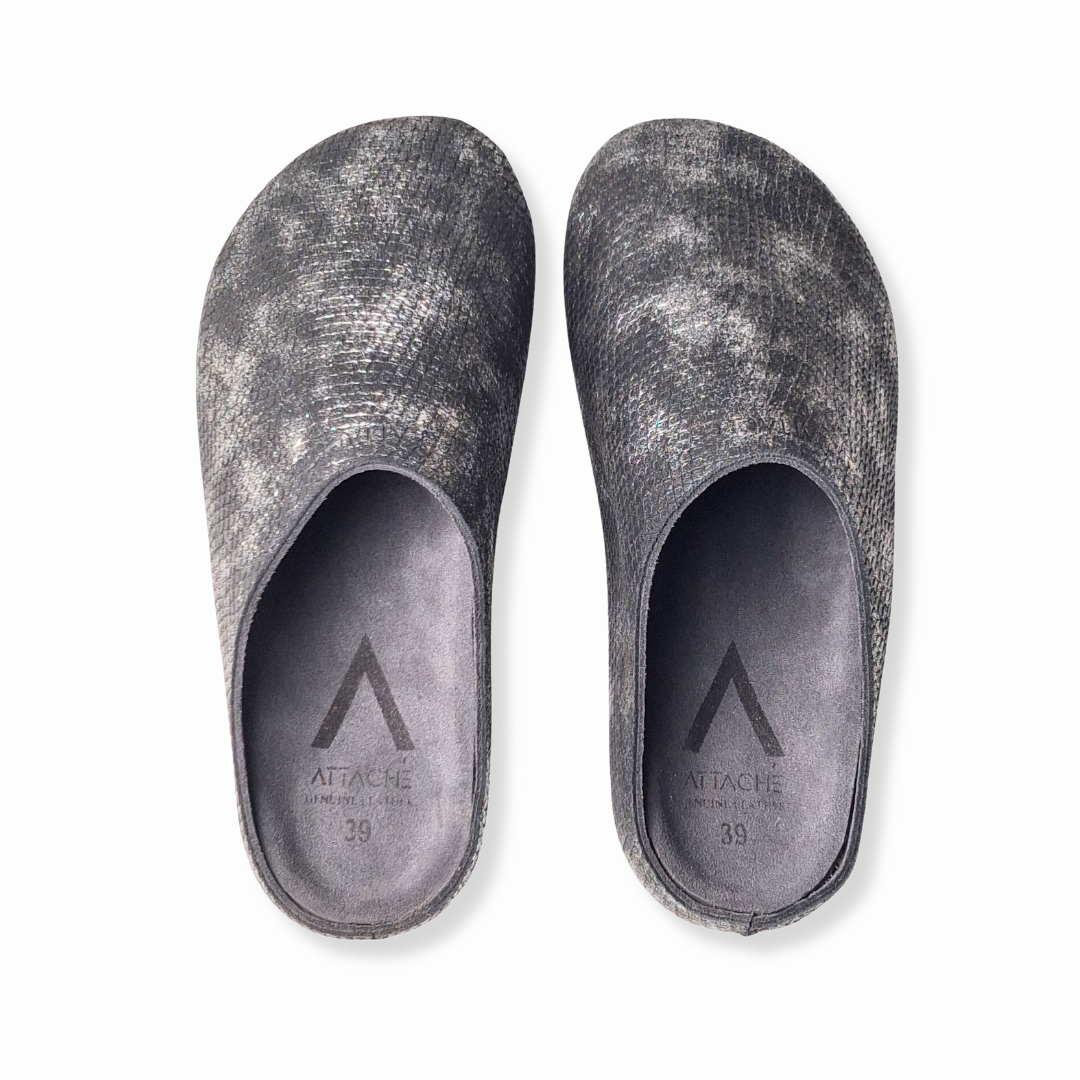 SIZE 37, 39 ONLY: Metallic Silver Black Dragon MULE Genuine Bovine Leather