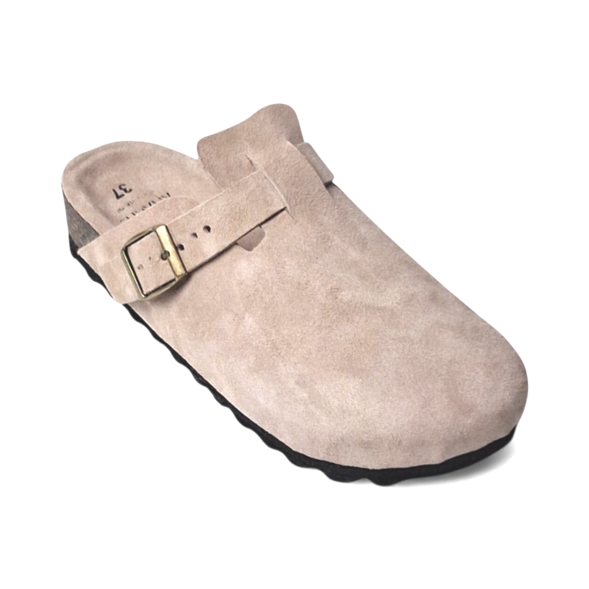 Attache Bags nude suede leather clogs with an adjustable brass buckle and a durable black rubber outsole.
