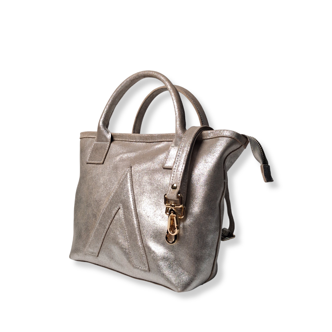 Silver Glitter Suede Petite Tote Genuine Leather
