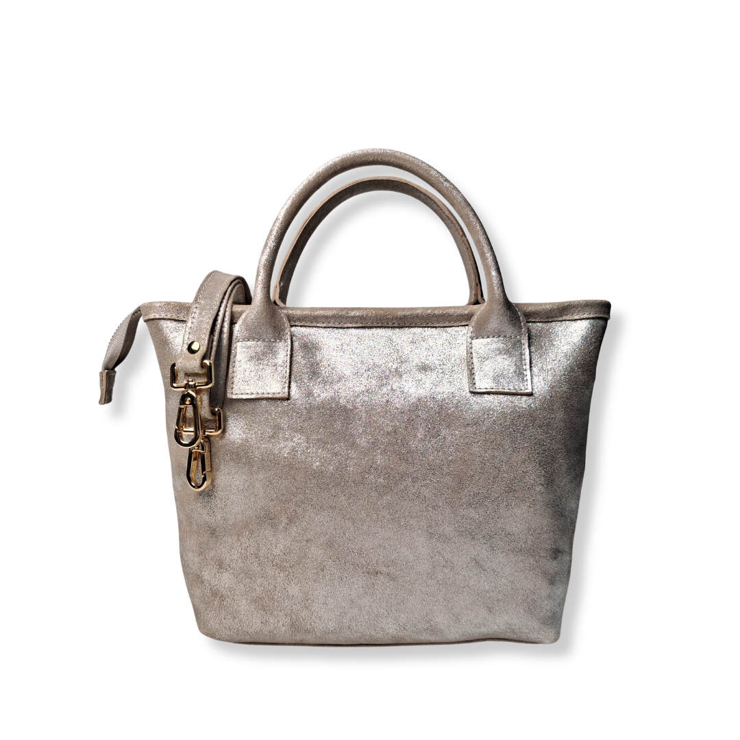 Silver Glitter Suede Petite Tote Genuine Leather