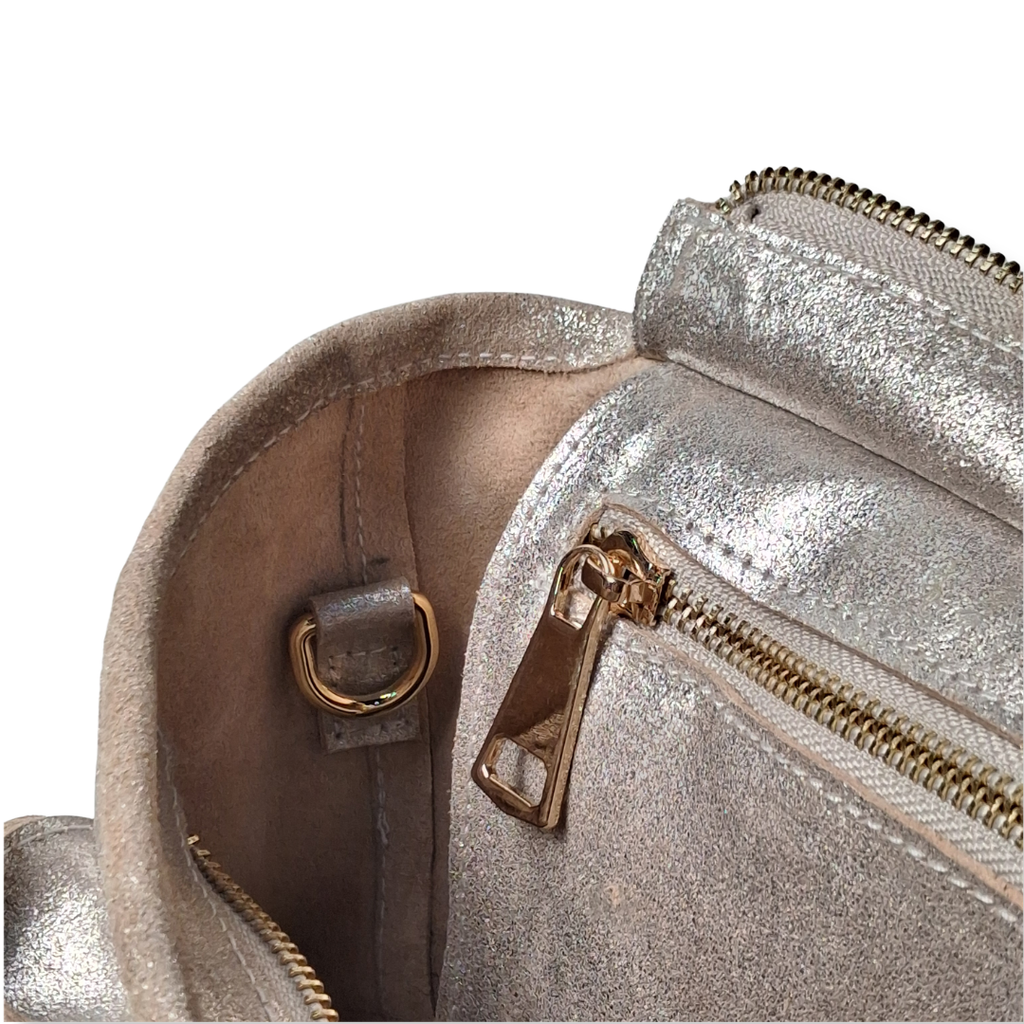 Silver Glitter Suede Petite Tote Genuine Leather