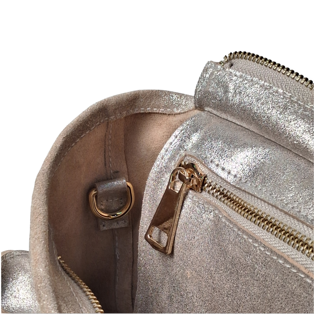 Silver Glitter Suede Petite Tote Genuine Leather