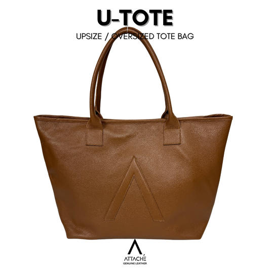 U-TOTE Full Grain Calf Leather Upsize Tote in Brown