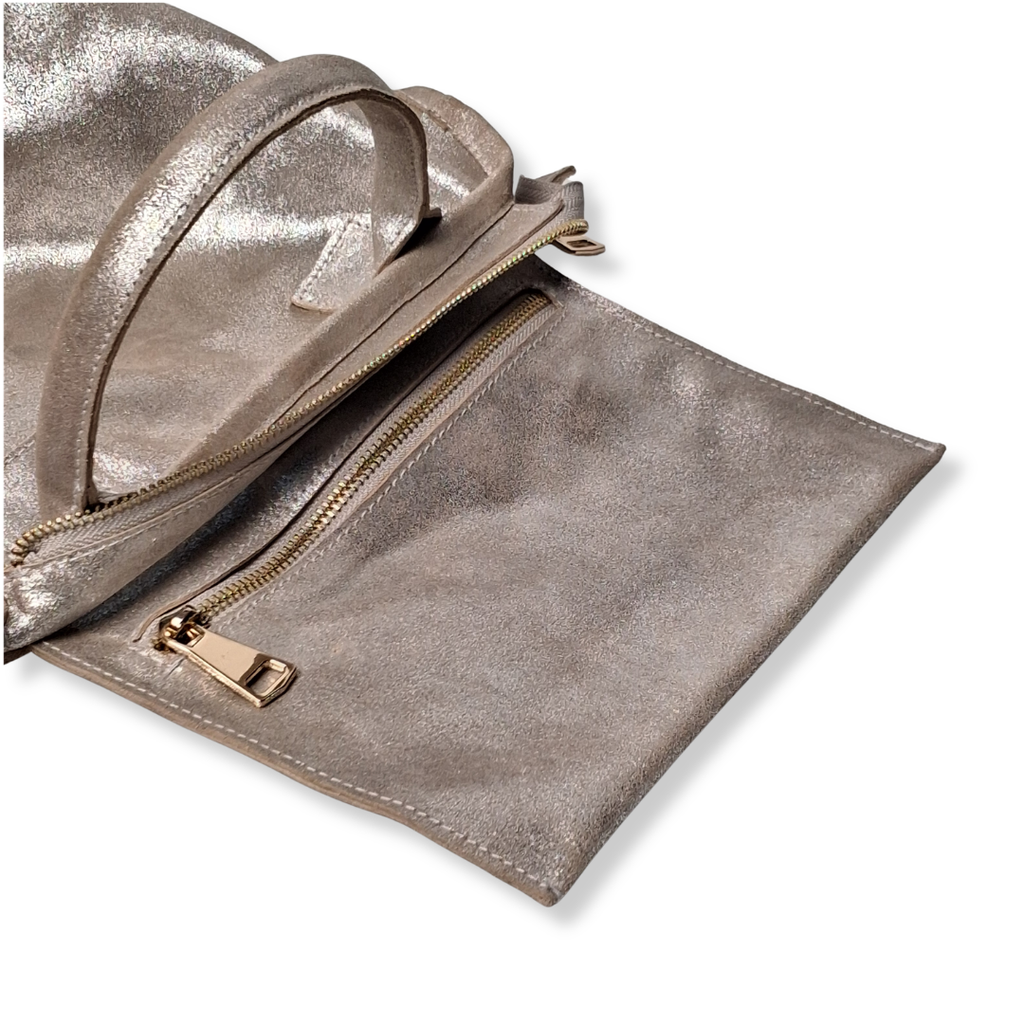 Silver Glitter Suede Petite Tote Genuine Leather