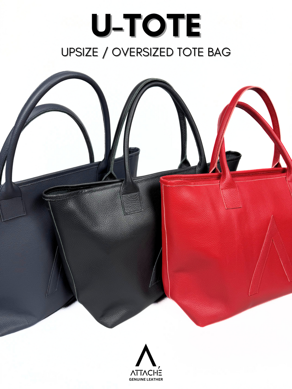 U-TOTE Full Grain Calf Leather Upsize Tote in Black
