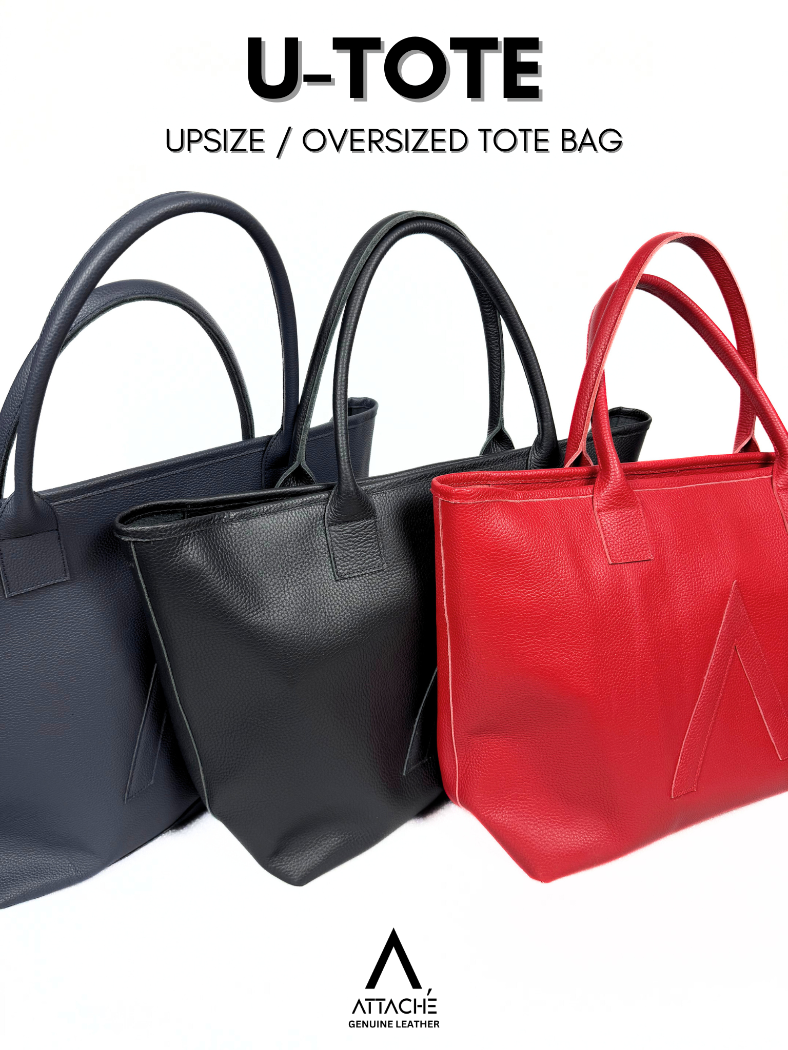 U-TOTE Full Grain Calf Leather Upsize Tote in Black