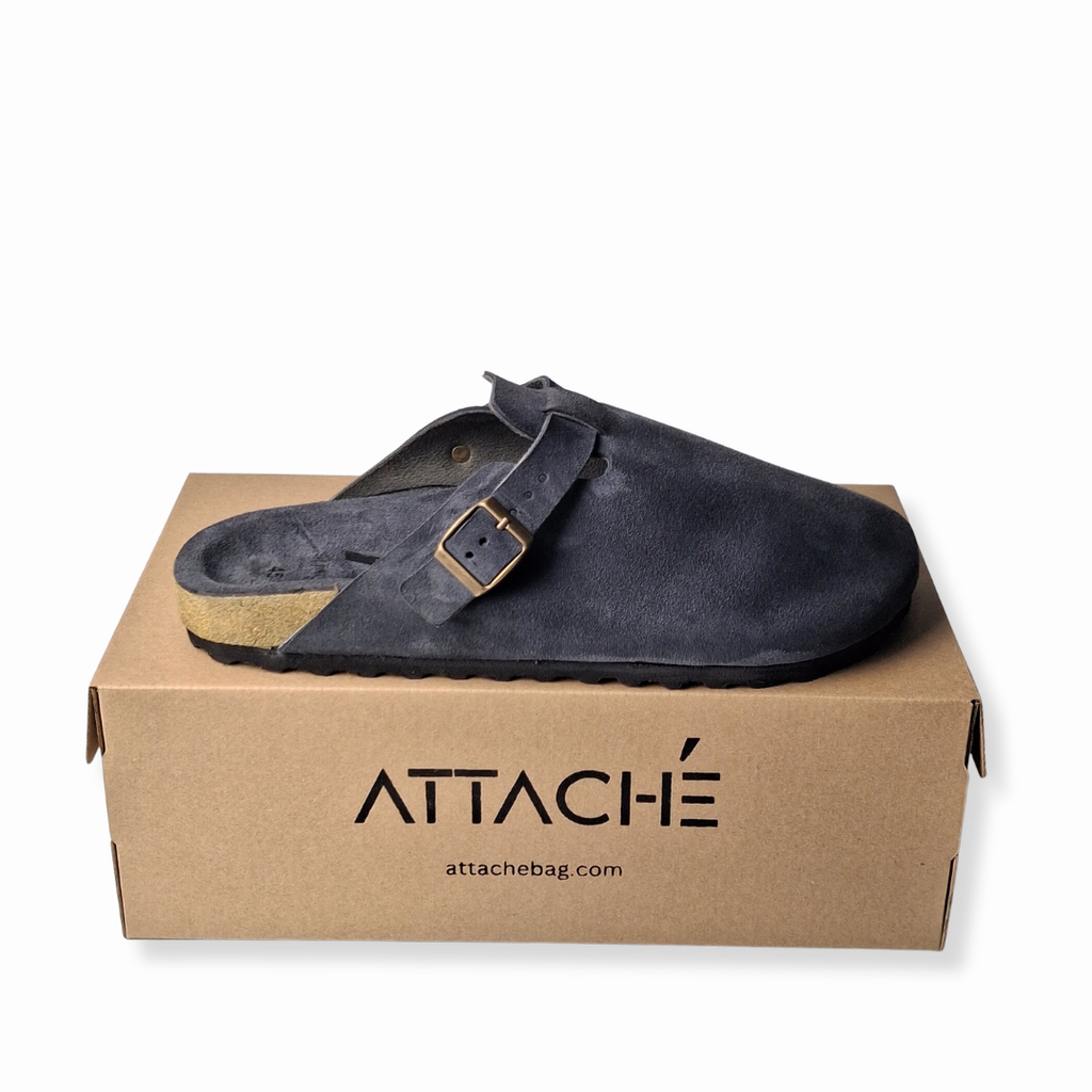 Navy Gray Clogs Genuine Suede Leather