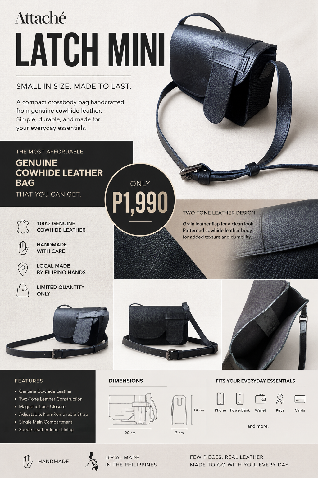Attaché Latch Mini in Black Cowhide Leather