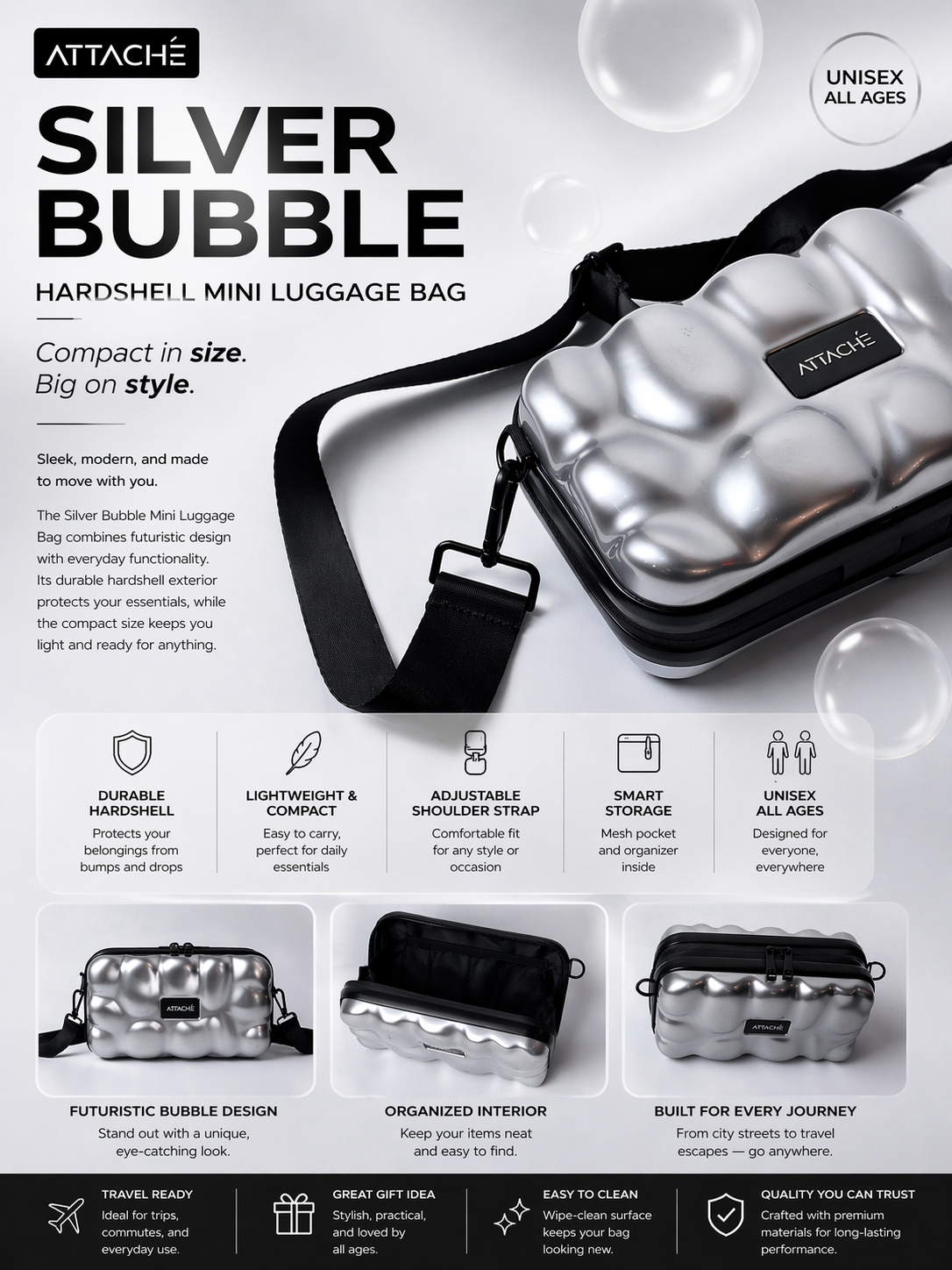 Silver Bubble Hardshell Mini Luggage Bag