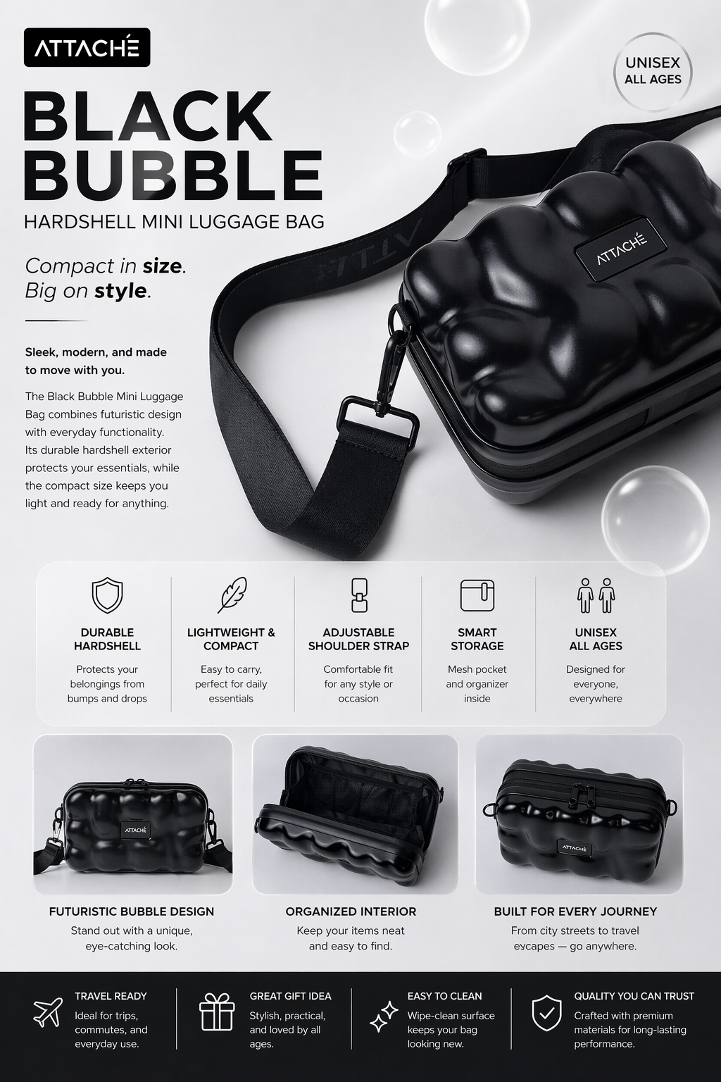 Black Bubble Hardshell Mini Luggage Bag
