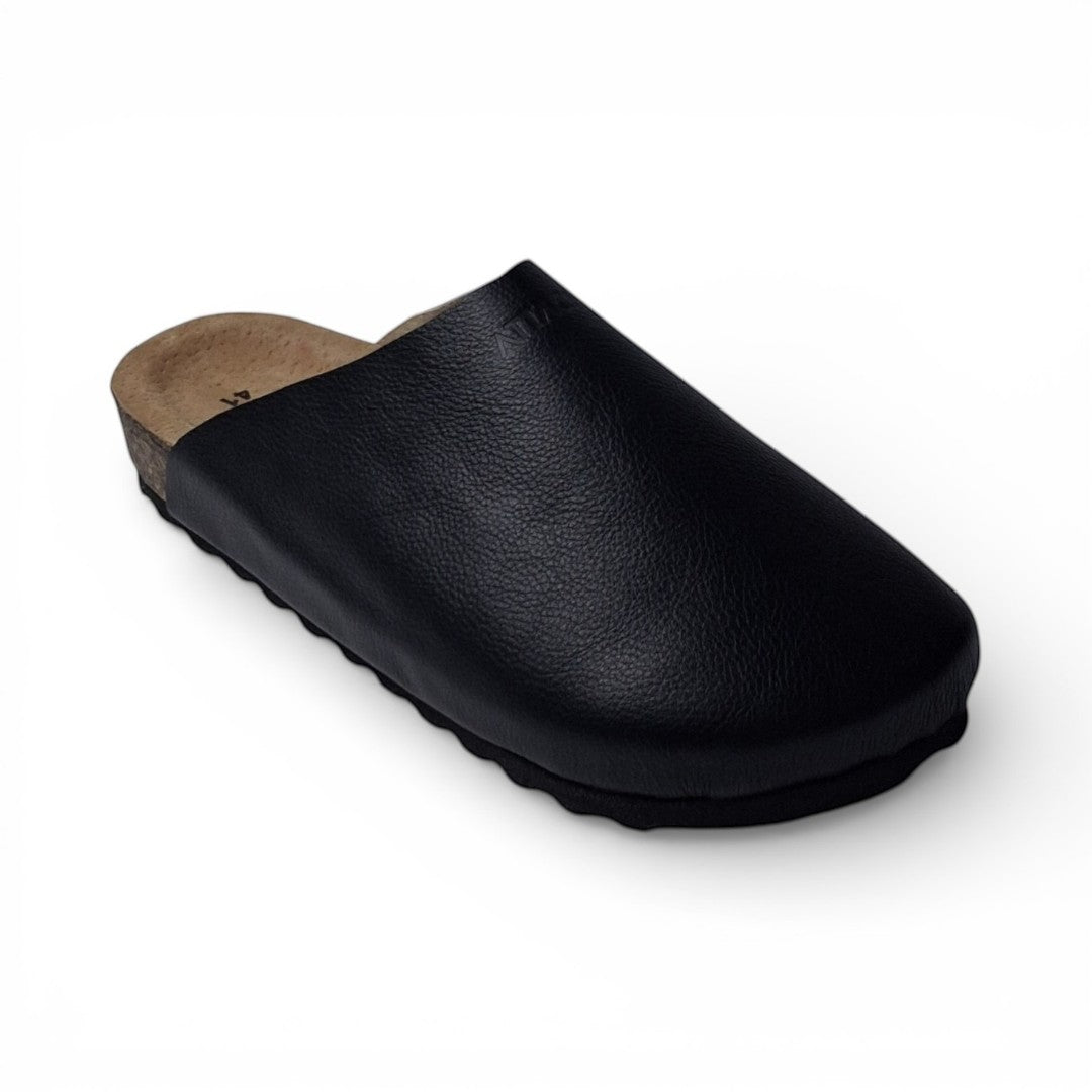 Attache Bags black grain leather slip-on mule clog with cork footbed and rubber sole.