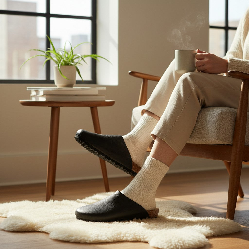 Attache Bags black grain leather slip-on mule clog with cork footbed and rubber sole.