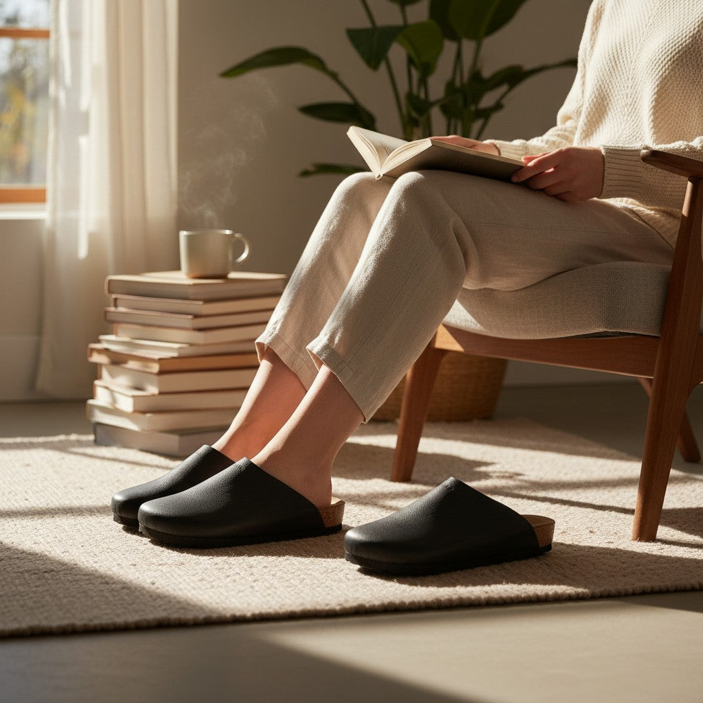 Attache Bags black grain leather slip-on mule with cork footbed and durable rubber outsole.