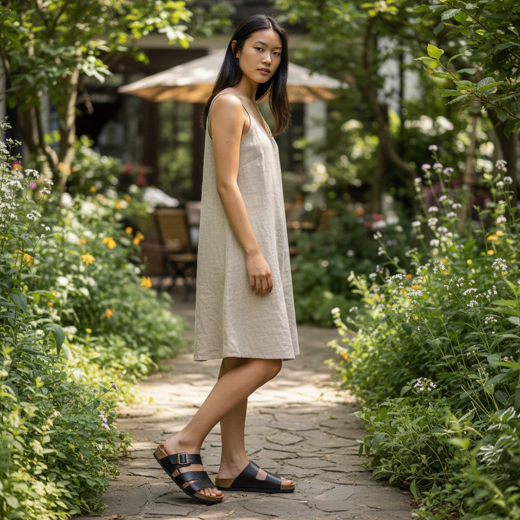 Attache Bags black grain leather slip-on sandal with cork sole and brass buckle. Handmade, comfortable, and versatile.