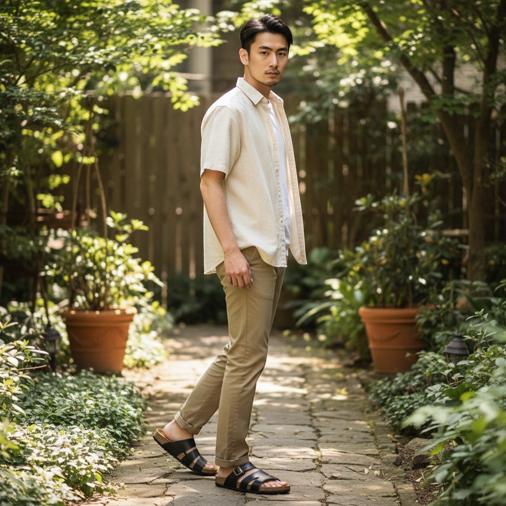 Attache Bags black grain leather slip-on sandals with cork sole and brass buckle. Comfortable everyday wear.